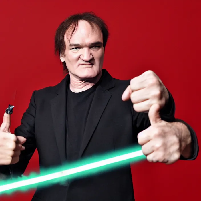 Prompt: quentin tarantino giving his thumbs - up and raising a lightsaber with his right hand. without characters. green screen background. cinematic trailer format.