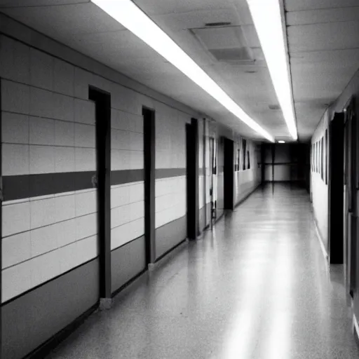 Prompt: endless hospital hallways lit by cold fluorescent lights, eerie, liminal, the back rooms, the outer church, plague children