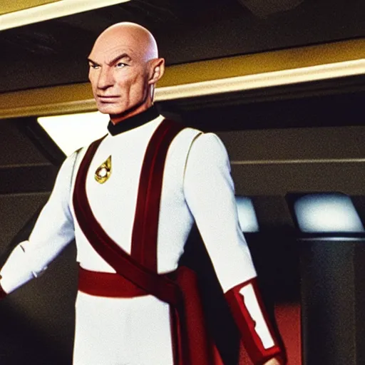 Image similar to muscular captain Picard in starfleet uniform on the bridge of the USS Enterprise