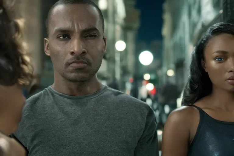 Image similar to movie powerful mutant heroes interracial couple closeup, DC Marvel fashion, VFX powers at night in the city, city street, beautiful skin, natural lighting by Emmanuel Lubezki