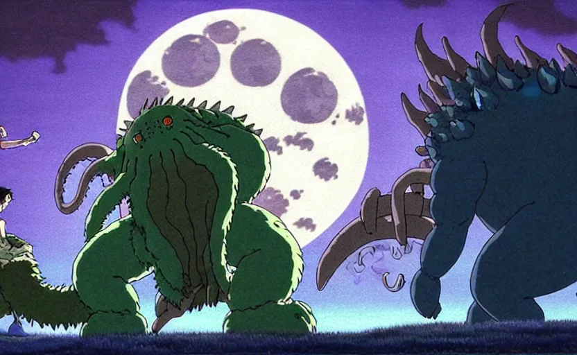 Image similar to a still from a studio ghibli movie of a cartoon cthulhu fighting godzilla from princess mononoke ( 1 9 9 7 ), in front of a pale full moon, full body, wide shot, very dull muted colors, studio ghibli, highly detailed, deviantart, art by artgem