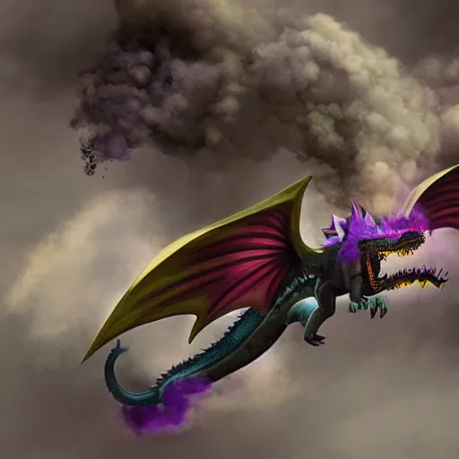 Prompt: muted colorful smoke reminiscent of racing dragons wings outstretched, smoke, parlor, cgsociety