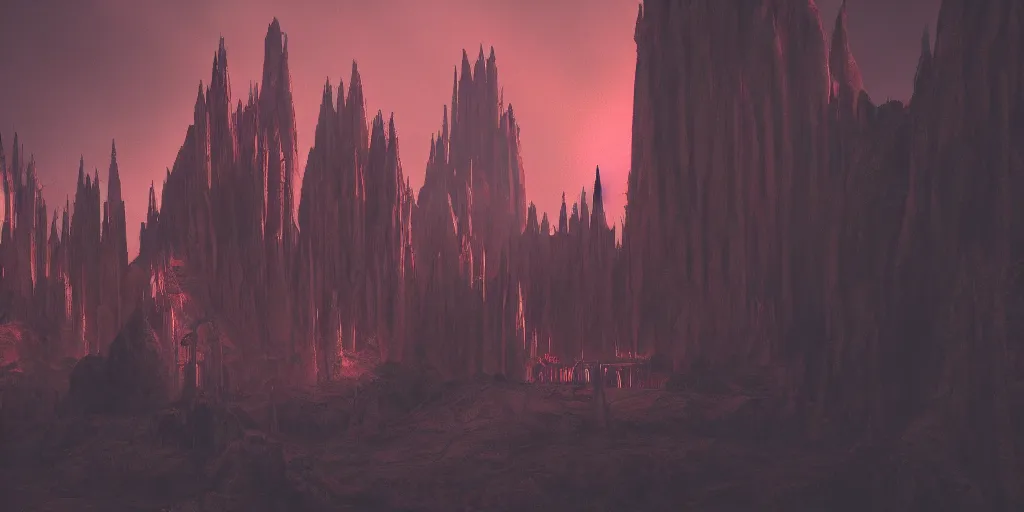 Image similar to dramatic render of a cathedral, gothic architecture, tall spires, top of a red rock canyon, vultures, 24mm angle, concept art by studio ghibli and eddie mendoza, atmospheric, moody, dark, cinematic, volumetric lighting, 8K