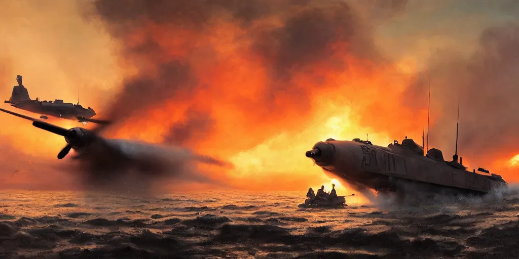 Image similar to the normandy!!!!! landings, d - day, 1 9 4 5, sunset, chaos!!!, smoke, fire, soldiers charging in, airplanes bombing the beach, destroyed tanks, highly detailed, wide shot, sadness, cinematic, ultra realistic!!!, ray tracing, ( ( painting ) ) by jessica rossier and ivan shishkin