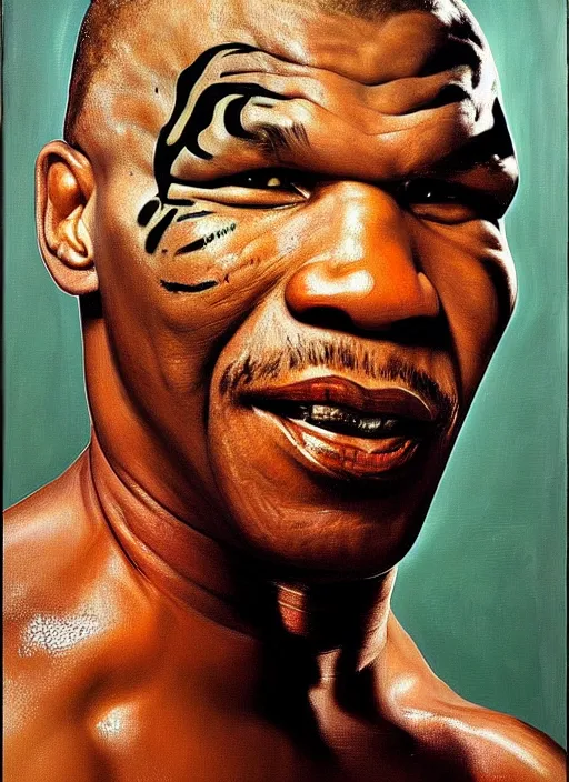 Image similar to oil portrait of mike tyson : : evocative of lurid, grisly, disgusting picture of dorian grey : : painted by chicago painter ivan albright in 1 9 4 5