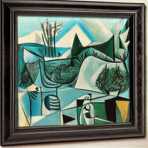 Prompt: a beautiful landscape, river, rocks, trees, by pablo picasso