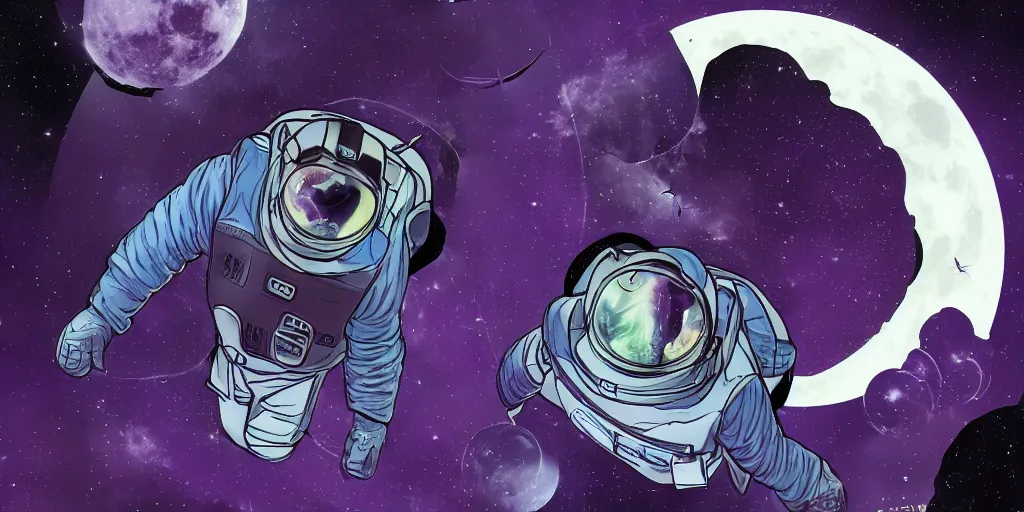 Prompt: A cat in sifi spacesuit looking down on Gotham city, purple night, giant moon in sky, hyperdetailed, dynamic scene, comics