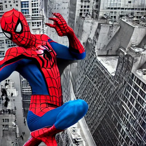 Image similar to spider - man falling from a building the background is the city of new york great photograph
