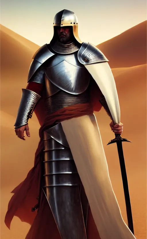 Image similar to white man looking forward in decorated plate armor, cylindrical crusader great helm covering all his head and white silk cape covering his elbows holding golden cross shaped heavy sword in the desert drawn by greg rutkowski realistic high detail