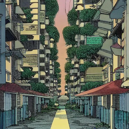 Image similar to a street in a singaporean housing estate, by moebius