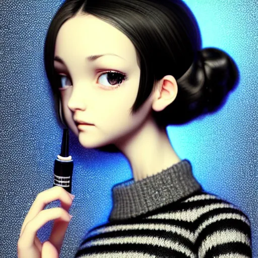 Prompt: beautifully pretty stoner girl, black sweater, grey checkered skirt, very cute features, glittery short black hair, blue eyes, universal volumetric lighting, soft glow, by range murata, norman rockwell, highly detailed intricately sharp focus, trending on pinterest, unreal engine 5 4 k uhd image