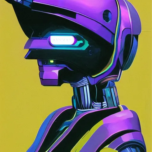 Image similar to self portrait of a robot raven with a beak. purple and black body armor, digital art, realistic, ultradetailed, concept art in the style of Cyberpunk 2077. art by Syd Mead and Moebius, trending on artstation, devianart, cgsociety