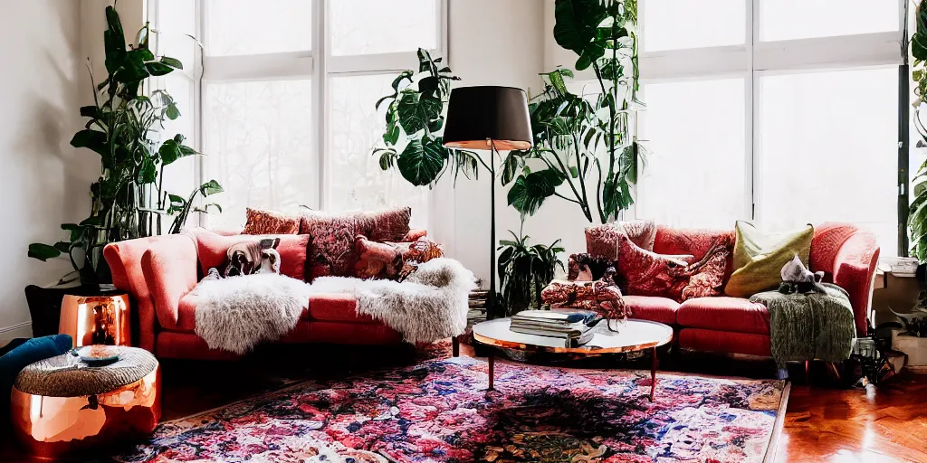 Prompt: insanely detailed wide angle photograph, atmospheric, award winning interior design living room, cat on couch, dusk, cozy and calm, fabrics and textiles, colorful accents, brass, copper, secluded, many light sources, lamps, hardwood floors, book shelf, couch, desk, balcony door, plants