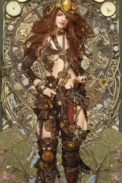 Prompt: beautiful portrait of a sexy steampunk warrior schoolgirl wearing a detailed armour of jewels and gold bugs and giant fantasy beetles an orc by her side surrounded by art nouveau mushrooms and vegetation , huge mechanical clocks, intricate details, realistic shaded , steampunk, highly detailed, artstation, pretty pretty face, illustration by alphonse mucha and Greg Rutkowski and Ruan Jia and bouguereau, art nouveau, octane render
