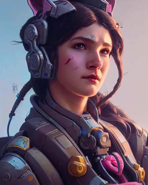 Prompt: d. va from overwatch, character portrait, portrait, close up, concept art, intricate details, highly detailed by greg rutkowski, michael whelan and gustave dore