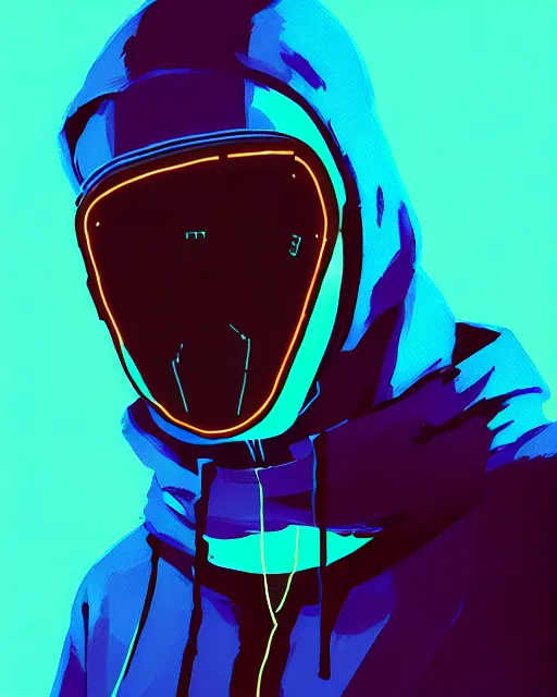 Image similar to cyberpunk synth, hyper - realistic portrait of a man in a hoodie with detailed neon mask, cyberpunk, by atey ghailan, by greg rutkowski, by greg tocchini, by james gilleard, by joe fenton, by kaethe butcher, dynamic lighting, gradient light blue, brown, cinematic lighting color scheme, sharp focus, grunge aesthetic