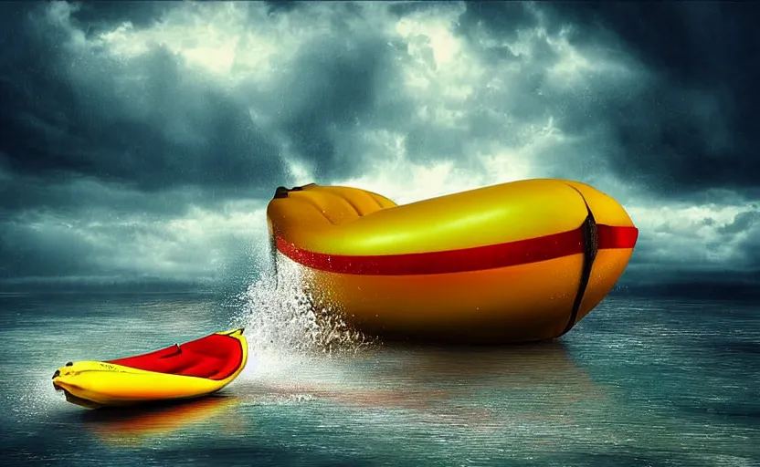 Image similar to a banana boat, cgi scene, stormy digital art, atmospheric lighting