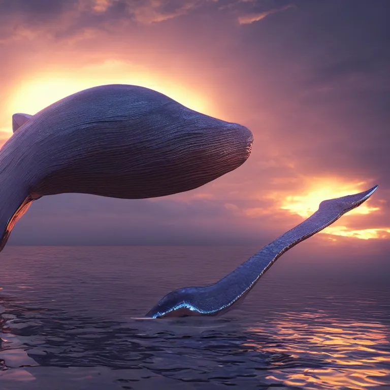 Prompt: octane render portrait by wayne barlow and carlo crivelli and glenn fabry, a blue whale made out of shiny reflective liquid metal swimming through beautiful sunset clouds, cinema 4 d, ray traced lighting, very short depth of field, bokeh