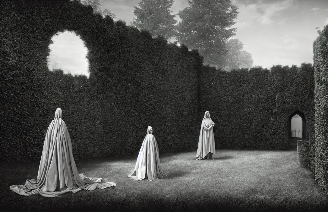 Prompt: queen of heaven sequestered corner of a garden within a castle walls the rules of proportion, scale, and perspective are disregarded render by gregory crewdson