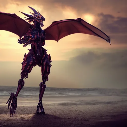 Prompt: a highly detailed full shot of beautiful anthropomorphic robot female dragon, standing and posing elegantly, streamlined mechanical body, with sharp claws on her hands and feet, two arms, two legs, long tail, on the beach, artstation, DeviantArt, professional, octane render, sunset lighting