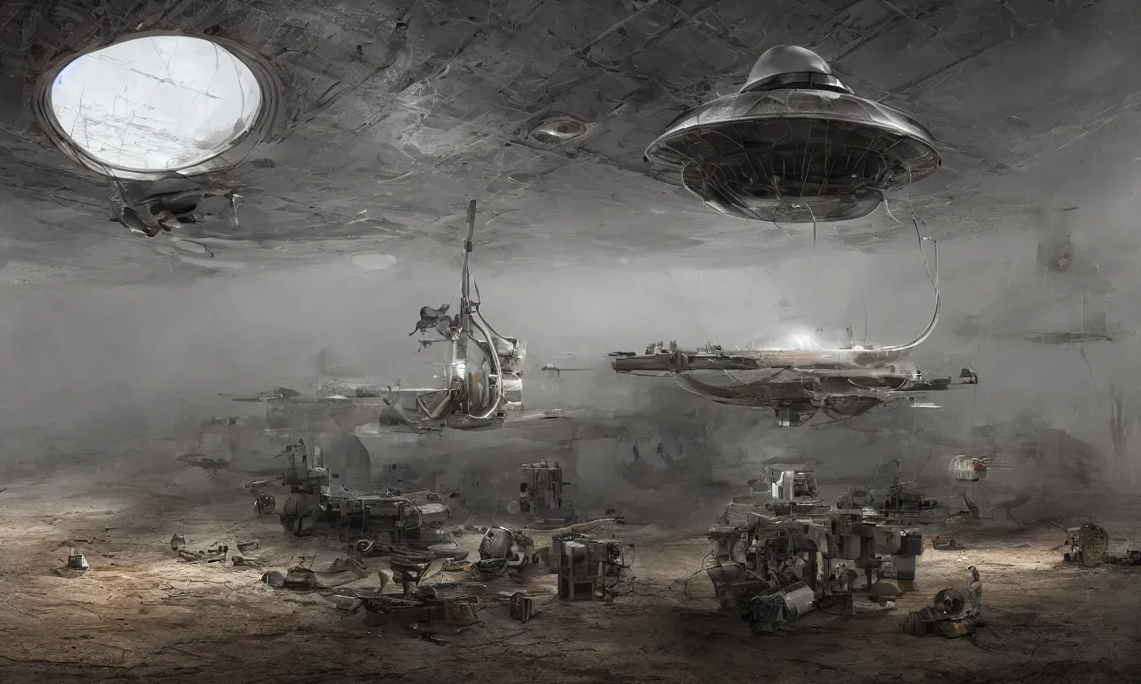 Image similar to engineer repairs special flying saucer full of modern military equipment, in the hall of area 55, high detail, ground fog, wet reflective ground, saturated colors, by Darek Zabrocki, render Unreal Engine