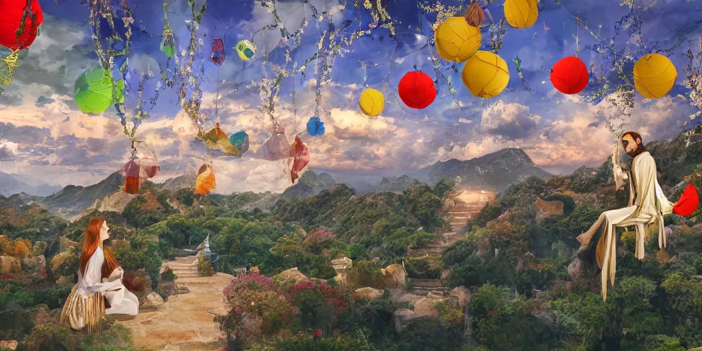 Image similar to painting of wind god enjoying the view from his stone heavenly palace, decorated with windchimes and paper lanterns, nature and clouds in background, digital art