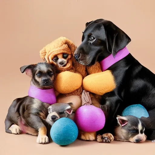 Image similar to 8 0 mm anne geddes photo of a momma dog with her newborn puppies, natural sunlight, indoors, cool colors