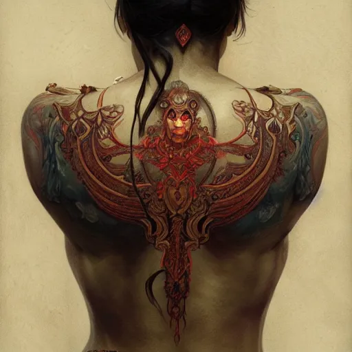 Prompt: portrait painting of a muscular bloodied dark nepali female butcher back, tattooed, ultra realistic, concept art, intricate details, eerie, highly detailed, photorealistic, octane render, 8 k, unreal engine. art by artgerm and greg rutkowski and alphonse mucha