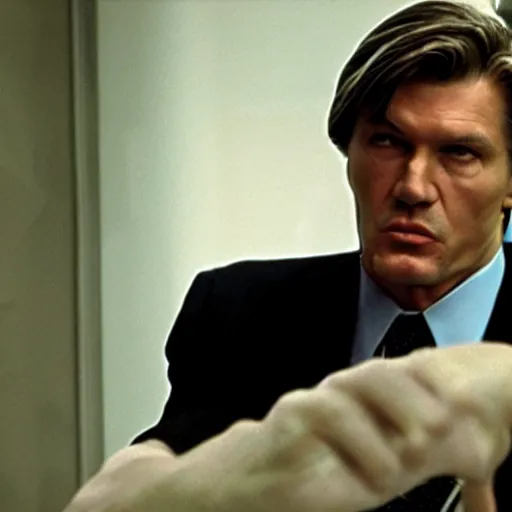 Image similar to Viktor Yushchenko as the American Psycho, cinematic still