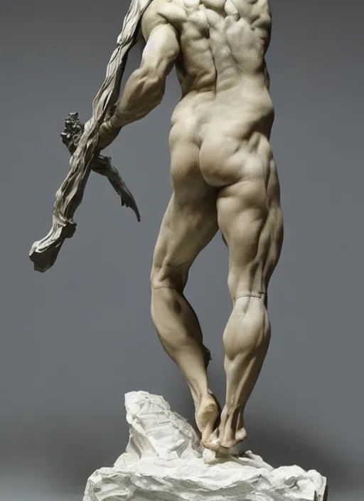 Image similar to a full figure rough marble sculpture of Giant Orc holding a sword by Rodin and Bernini