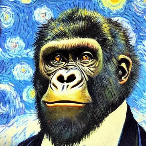 Image similar to a painting of a gorilla, hyper realistic painting in style of van gogh