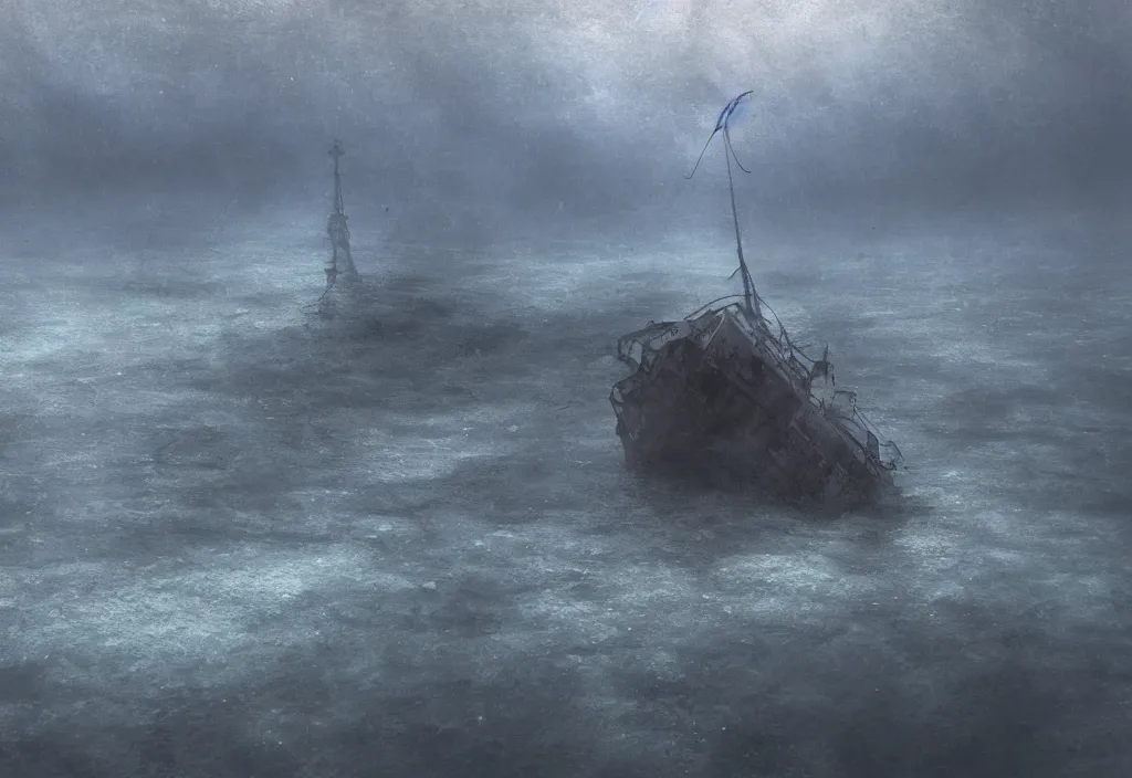 Prompt: distant underwater shot of a sinking ship, empty water, thalassophobia, photo realism,