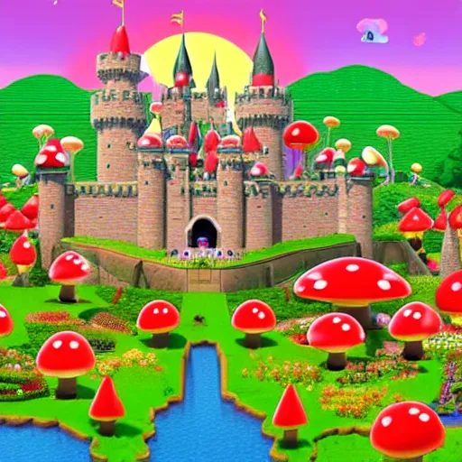 Image similar to large fantasy castle in the style of peaches castle in super mario, giant red and white spotted mushrooms, exotic flowers, roses, in a huge garden, sharp rays of sunlight, mortal engines howls moving castle, distant - mid - shot, fantasy, hyper detailed, 4 k