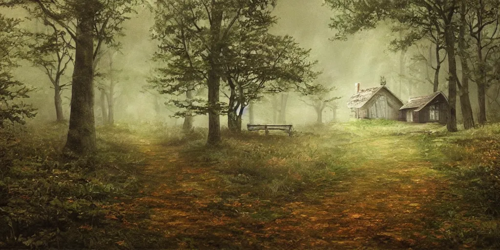 Image similar to a painting of single cottage in the woods and empty woods, 8k, fantasy, hyper realistic, atmospheric, cinematic