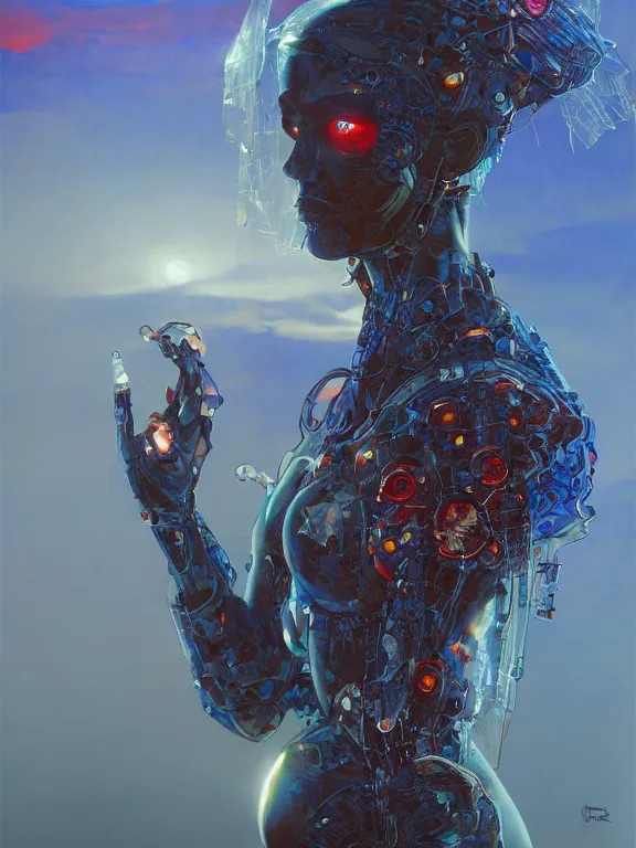 Prompt: portrait of a transparent witch cyborg girl, shattered glass, cinematic light, backlight glow, red sky blue, misty, by mikhail vrubel, by philippe druillet, by peter elson, by gerald brom, muted colors, ( ( extreme detail ) ), trending on artstation, 8 k