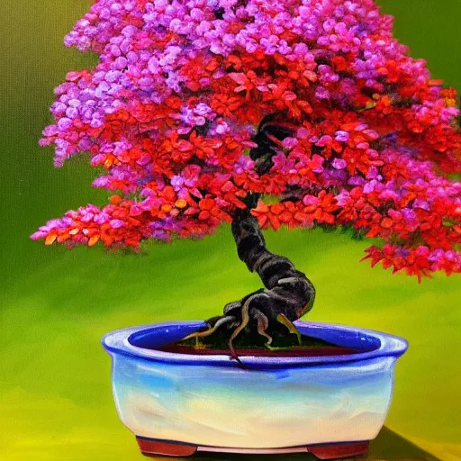 Image similar to bonsai tree with colorful flowers and leaves detailed oil painting 4 k