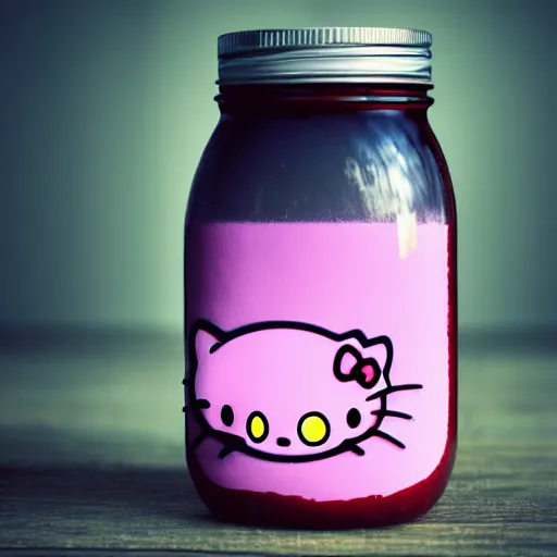 Image similar to hello kitty in a mason jar, 4 k, hyper realistic, dslr, high resolution, landscape, beautiful