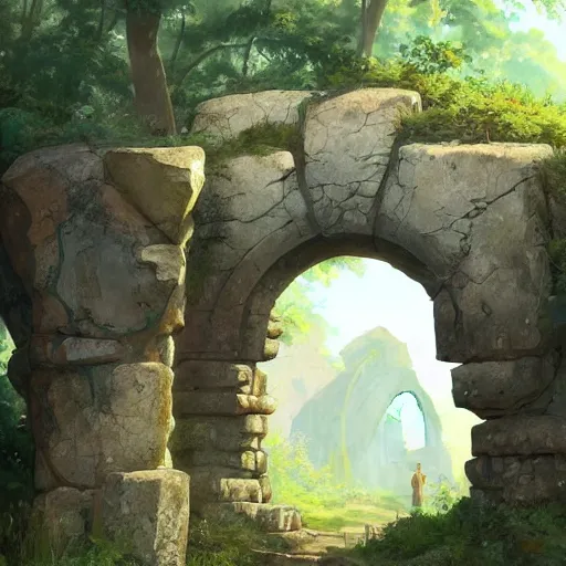 Image similar to concept art painting of a single free standing ancient stone archway, in the woods, realistic, detailed, cel shaded, in the style of makoto shinkai and greg rutkowski and james gurney