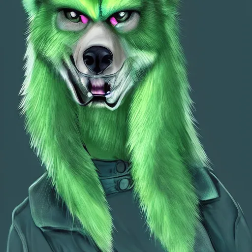 Prompt: Beautiful digital painting of an anthro anthropomorphic pastel-green wolf, Punk outfit.