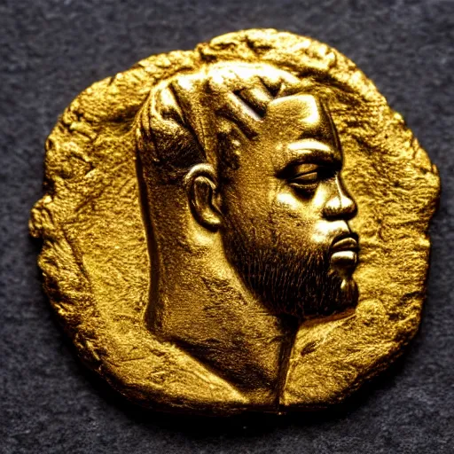 Prompt: an ancient roman gold coin with the face of kanye west, close up photo, ultra realistic, studio photo, bokeh.