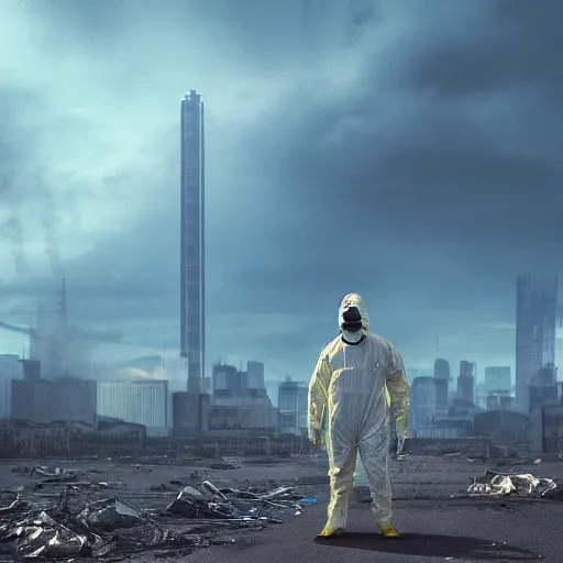 Prompt: a beautiful award-winning photo of the last man on Earth wearing a cybernetic hazmat suit, serene idyllic post-nuclear background, skyline of a derelict city in the background, volumetric lighting, very high quality, extremely detailed, subtle visual noise, 8K