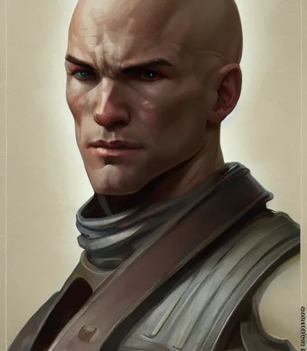 Image similar to unattractive, bald and unsympathetic Human_fighter!, full_body!, dungeons and dragons portrait, highly detailed, digital painting, artstation, concept art, sharp focus, illustration, art by artgerm and greg rutkowski and alphonse mucha