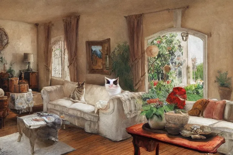 Prompt: Funny cat jumps in provence style living room, photorealism,