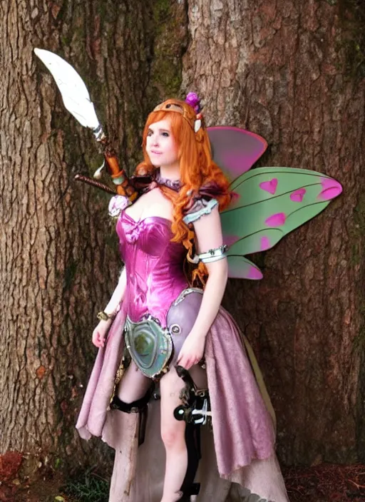 Image similar to Brown hair pink eye female faerie heart paladin planeteer + Tinkerbell +pixie hollow + steampunk + full dress + sparked and a full plate armor + D&D + full body