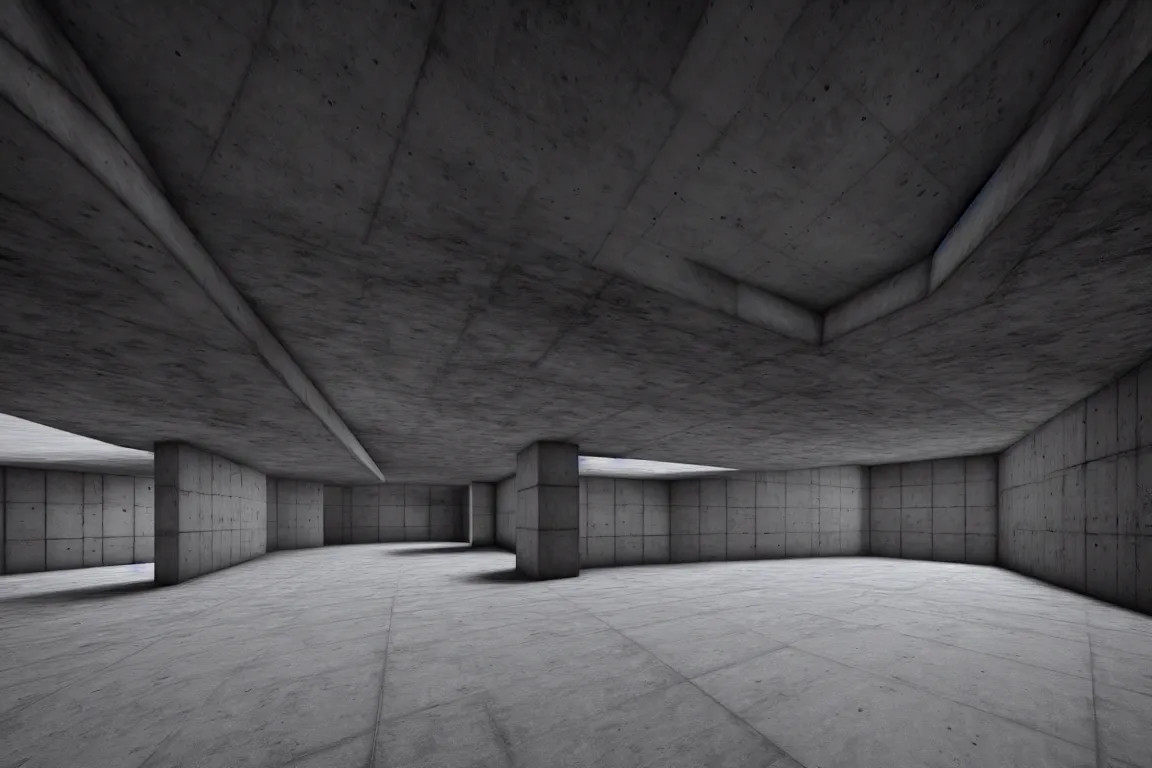 Prompt: Concrete huge square dark-gray multi-layered underground structure with multiple floors and a cleft in the center. Inside view, straight lines, corners, high detailed, details, ultra realistic, photorealism, 8k, doorways, symmetrical, brutalism, ray of light, architecture, volumetric lighting, cinematic, shadows