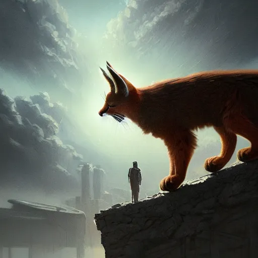 Prompt: giant cute fluffy caracal flying in the sky above the port was the color of television tuned to a dead channel, neuromancer, painted by greg rutkowski, painted by igor kieryluk, high detail, dramatic light, digital art, trending on artstation