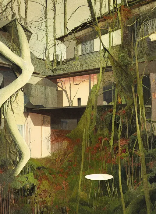 Image similar to time does not exist anymore by edward hopper and james gilleard, zdzislaw beksinski, overgrown vegetation, open ceiling, highly detailed, painted by francis bacon, painted by james gilleard, airbrush, ilya kuvshinov, wlop, stanley artgerm, very coherent, people of color, art by takato yamamoto and james jean