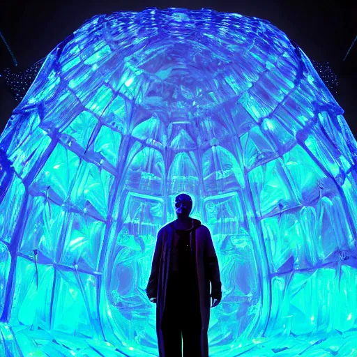 Image similar to A space wizard stand in front of giant, glowing crystal sits in the center of a dark room, Strange symbols line the walls, and a soft light glows from somewhere deep within the room, highly detailed, digital photo, HDRI, by christopher bretz and kael ngu, vivid colors, high contrast, 8k resolution, intricate, photorealistic, smooth, psychedelic color scheme, concept art, award winning, behance contest winner