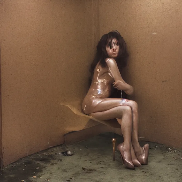 Image similar to a color photograph, closeup portrait of a woman wrapped in plastic, sitting in an abandoned coffee shop, color photograph, by vincent desiderio, canon eos c 3 0 0, ƒ 1. 8, 3 5 mm, 8 k, medium - format print