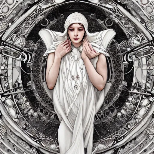 Image similar to a photograpic portrait of a anthropomorphic mushroom wearing white clothes, fantasy, intricate, elegant, highly detailed, digital painting, artstation, concept art, smooth, sharp focus, illustration, art by artgerm and H R Giger and alphonse mucha